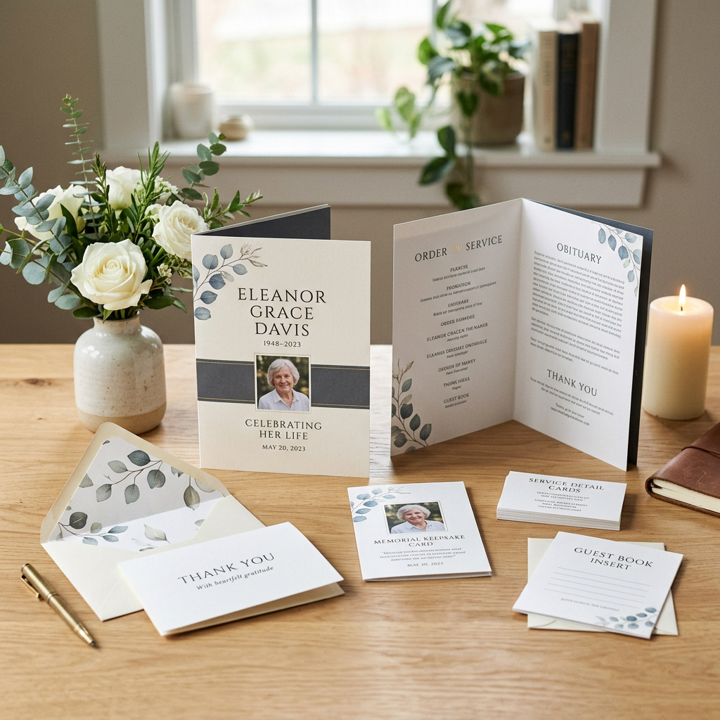 Memorial stationery set including order of service, thank you card, memorial keepsake card, guest book insert, and envelope with floral designs